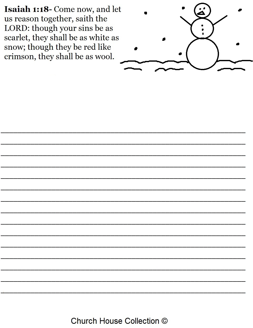 Free Christmas Snowman Isaiah 1:18 Writing Paper Printable Template for kids in Sunday school by Church House Collection- Christmas Sunday School lessons